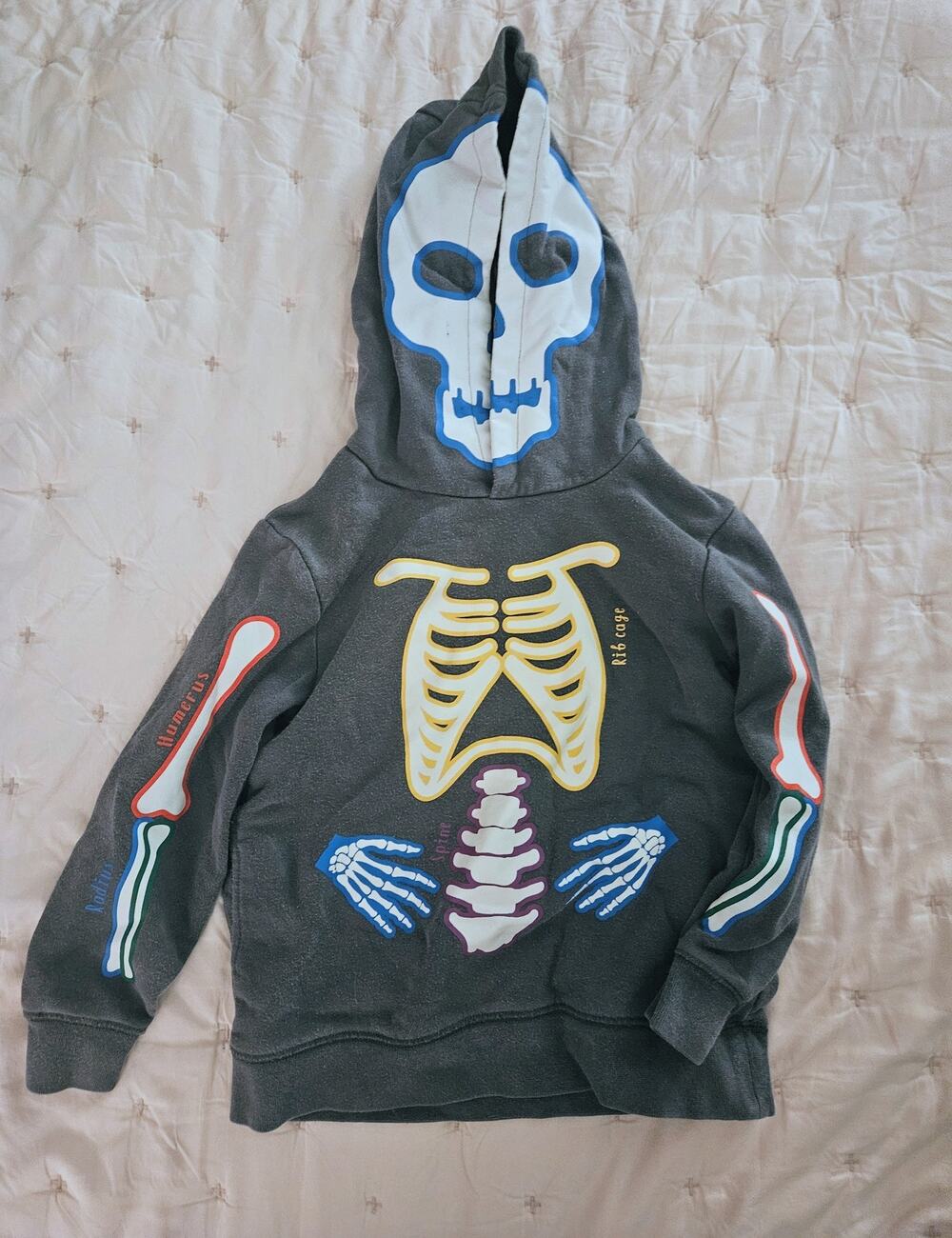 Mini Boden Glow in the Dark Skeleton Hoodie | Gray Halloween Skull | Boys 4-5Y